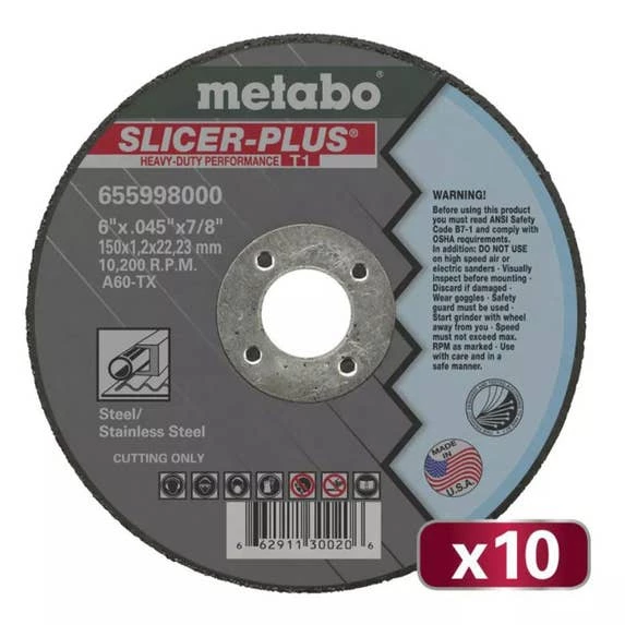 Metabo Tools Metabo 6" X 0.45" X 7/8" Type 1 Slicer Plus Wheels (10-Pack) US655998010 3 Metabo Tools Metabo 6" X 0.45" X 7/8" Type 1 Slicer Plus Wheels (10-Pack) US655998010
